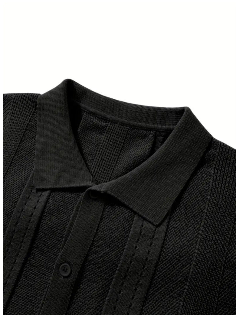 KZZ Men's solid color lapel hollowed-out breathable short-sleeved top