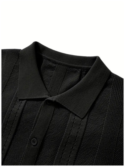 KZZ Men's solid color lapel hollowed-out breathable short-sleeved top