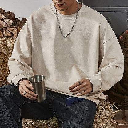 KZZ Men's Solid Color Round Neck Drop Shoulder Long Sleeve Sweatshirt