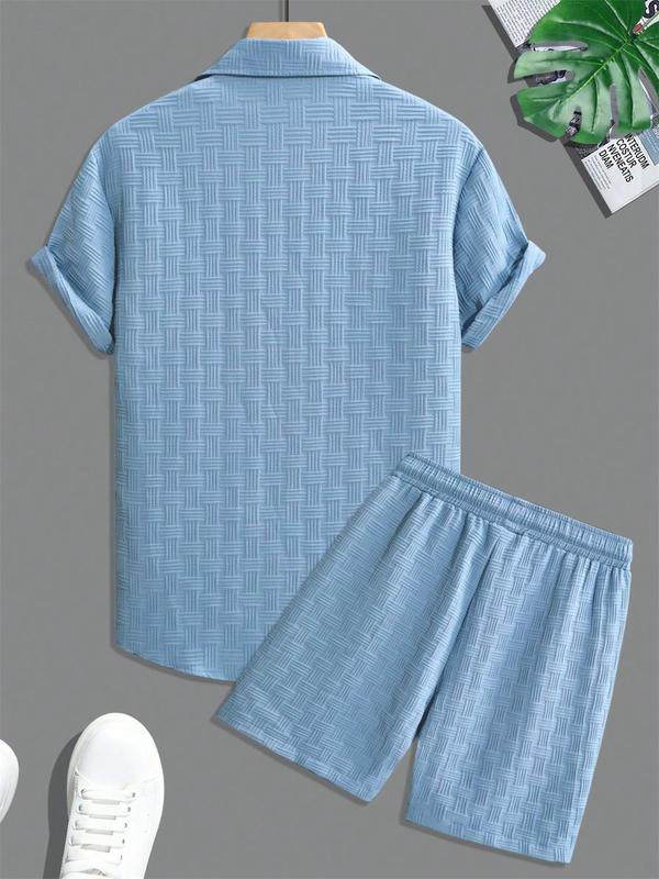 KZZ Men's Pure Color Textured Short Sleeve and Shorts Summer Suit
