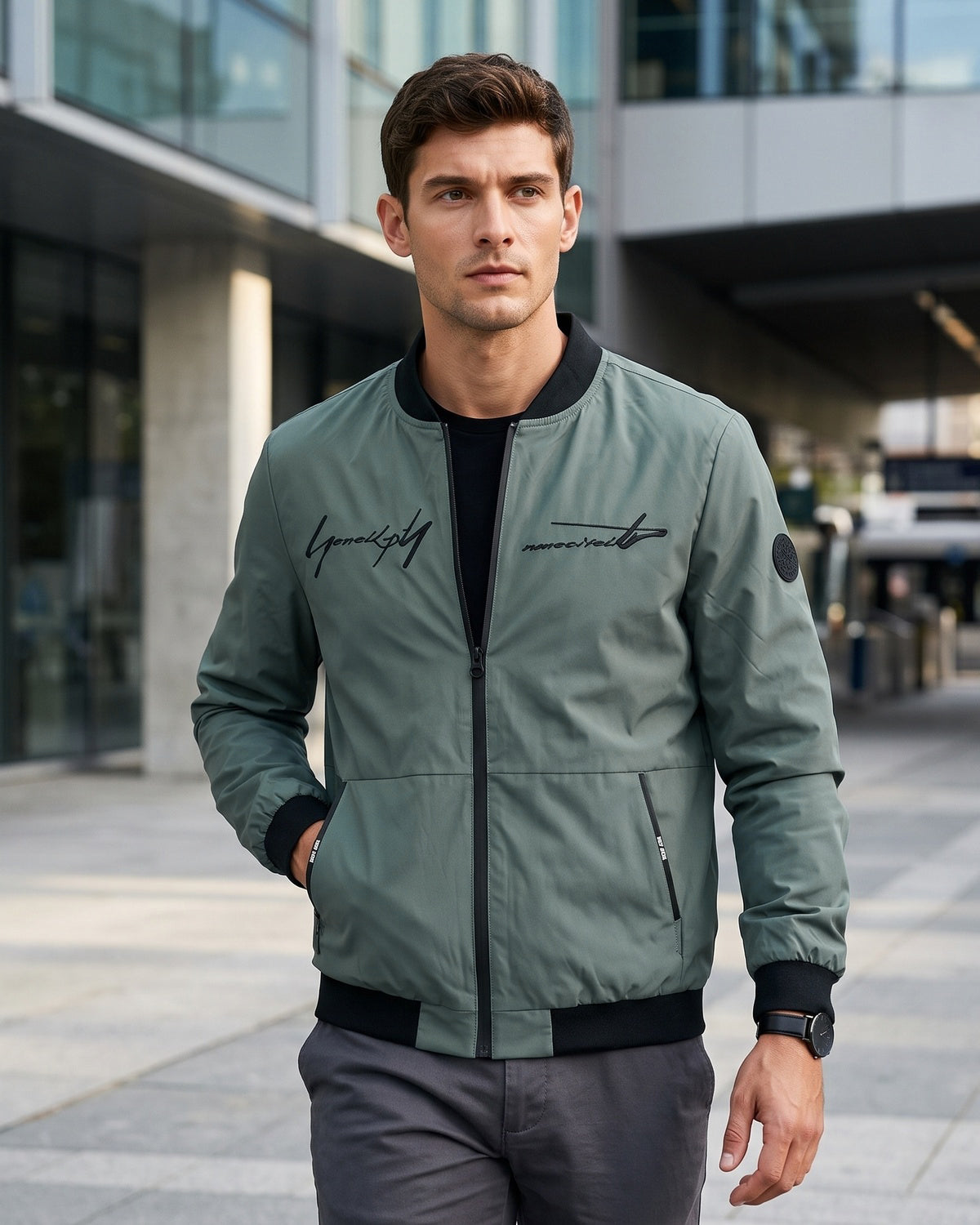 KZZ Men's Letter-Print Zip-Up Mock-Neck Jacket