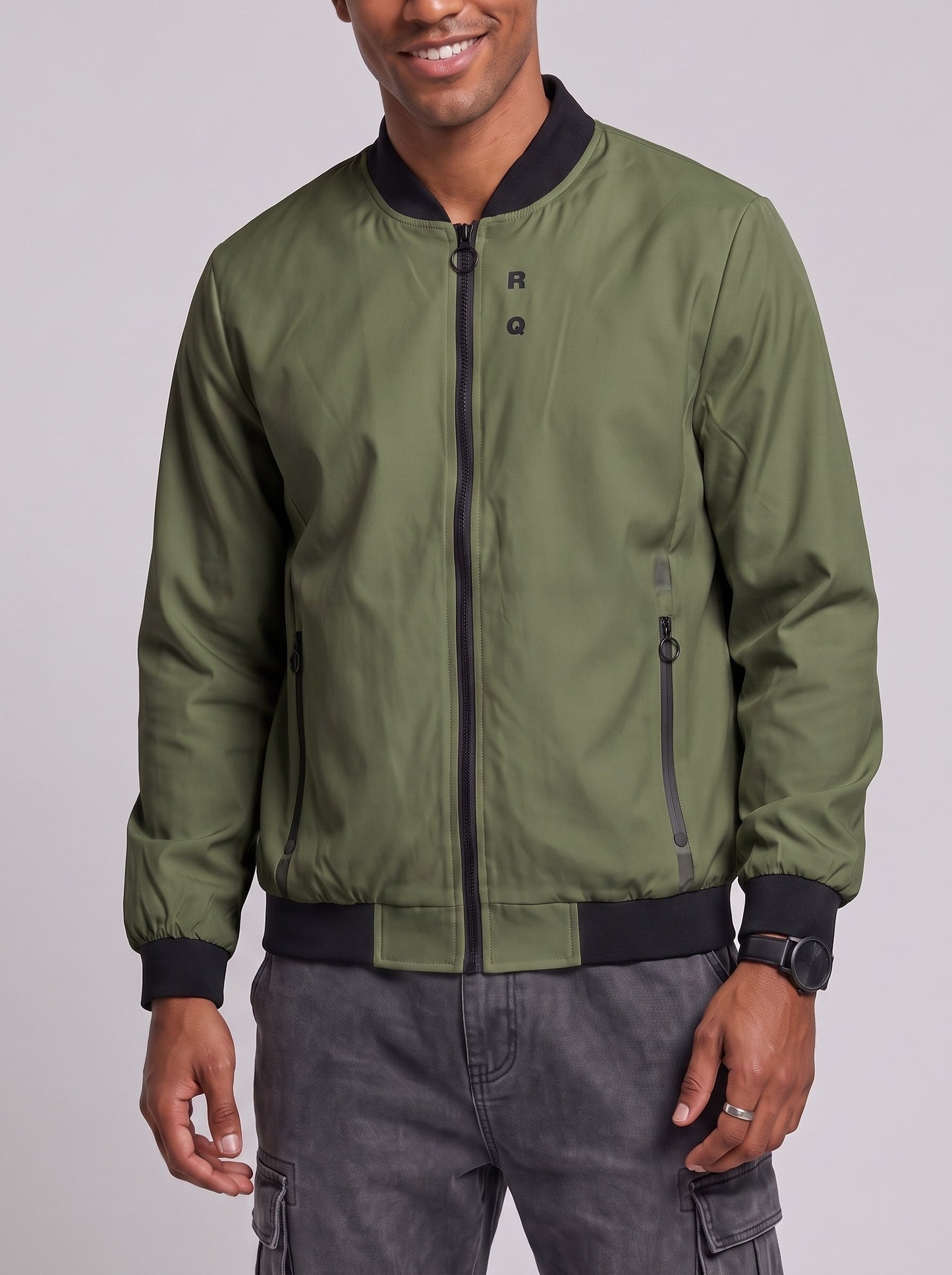 KZZ Men's Solid-Color Long-Sleeve Mock-Neck Zip-Up Jacket