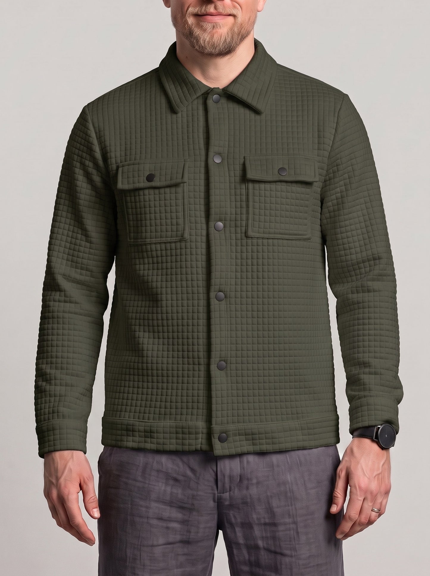 KZZ Men's Classic Solid-Color Collared Long-Sleeve Shirt with Dropped Shoulders