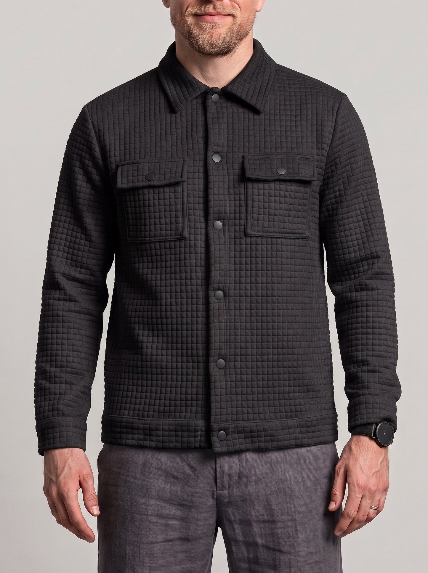 KZZ Men's Classic Solid-Color Collared Long-Sleeve Shirt with Dropped Shoulders