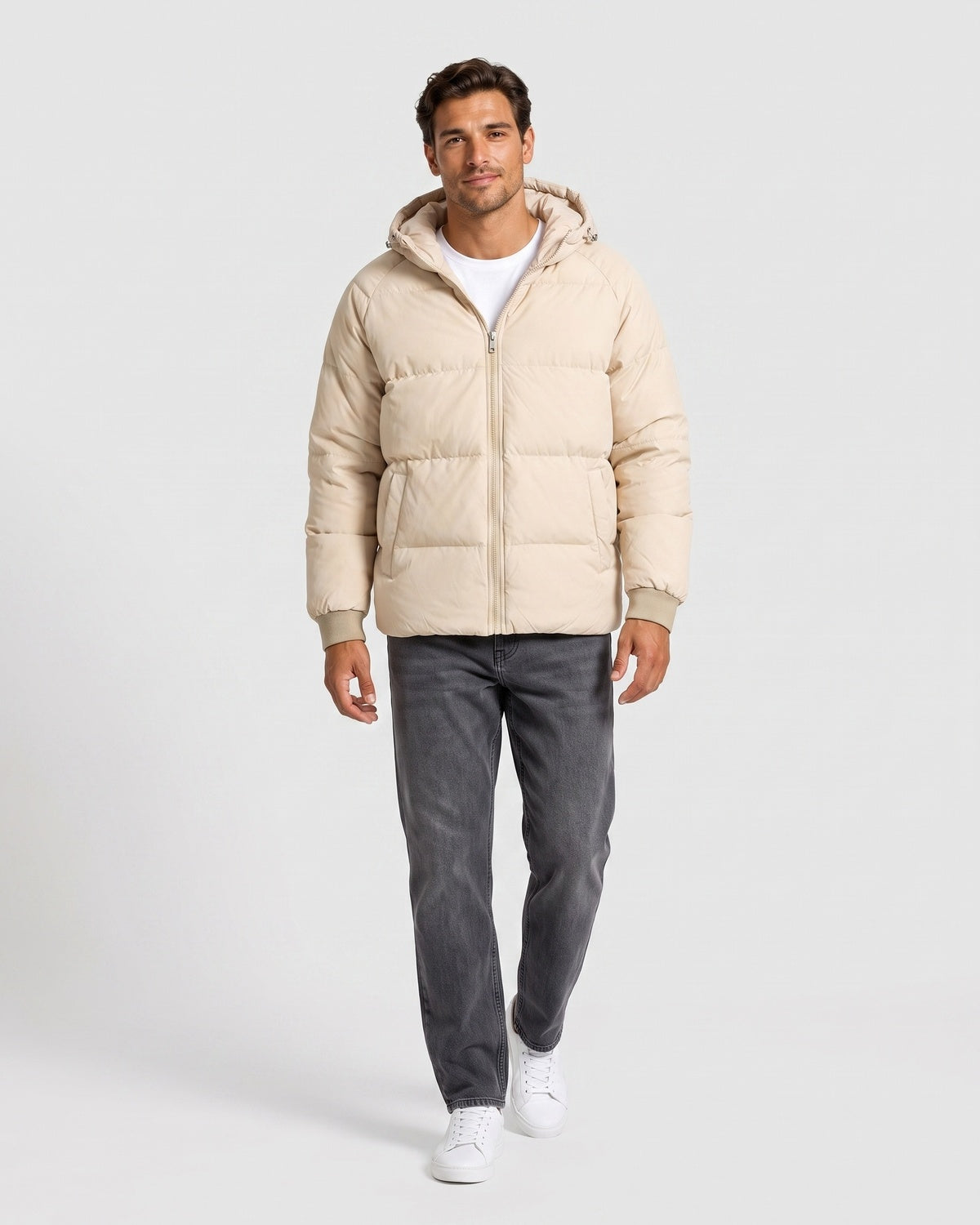 KZZ Men's Solid-Color Zip-Up Hooded Padded Jacket