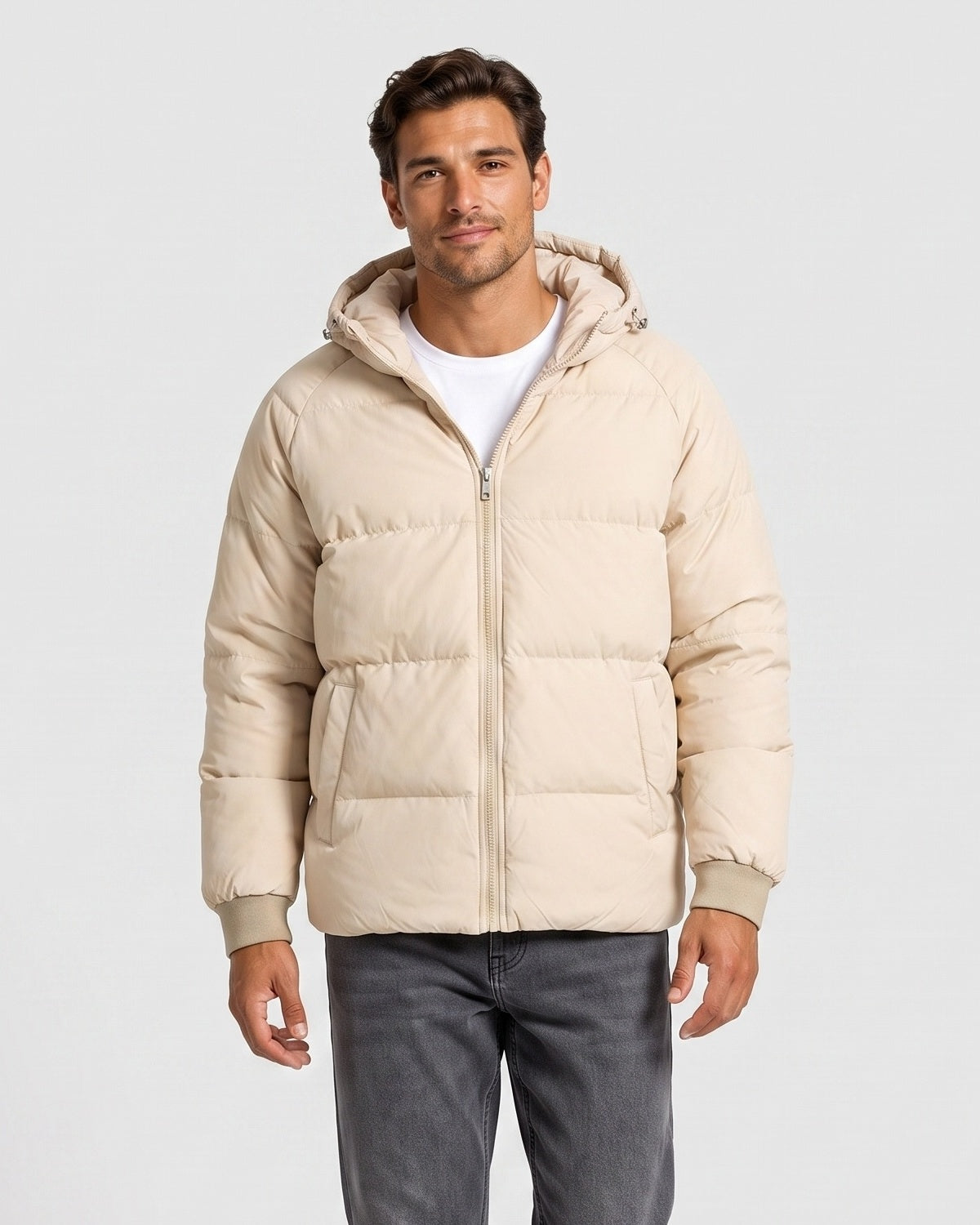 KZZ Men's Solid-Color Zip-Up Hooded Padded Jacket