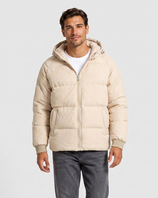 KZZ Men's Solid-Color Zip-Up Hooded Padded Jacket