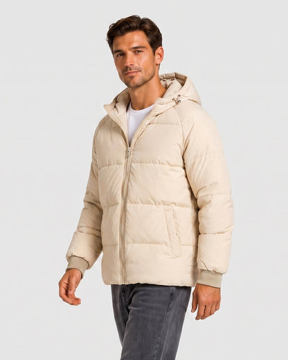 KZZ Men's Solid-Color Zip-Up Hooded Padded Jacket