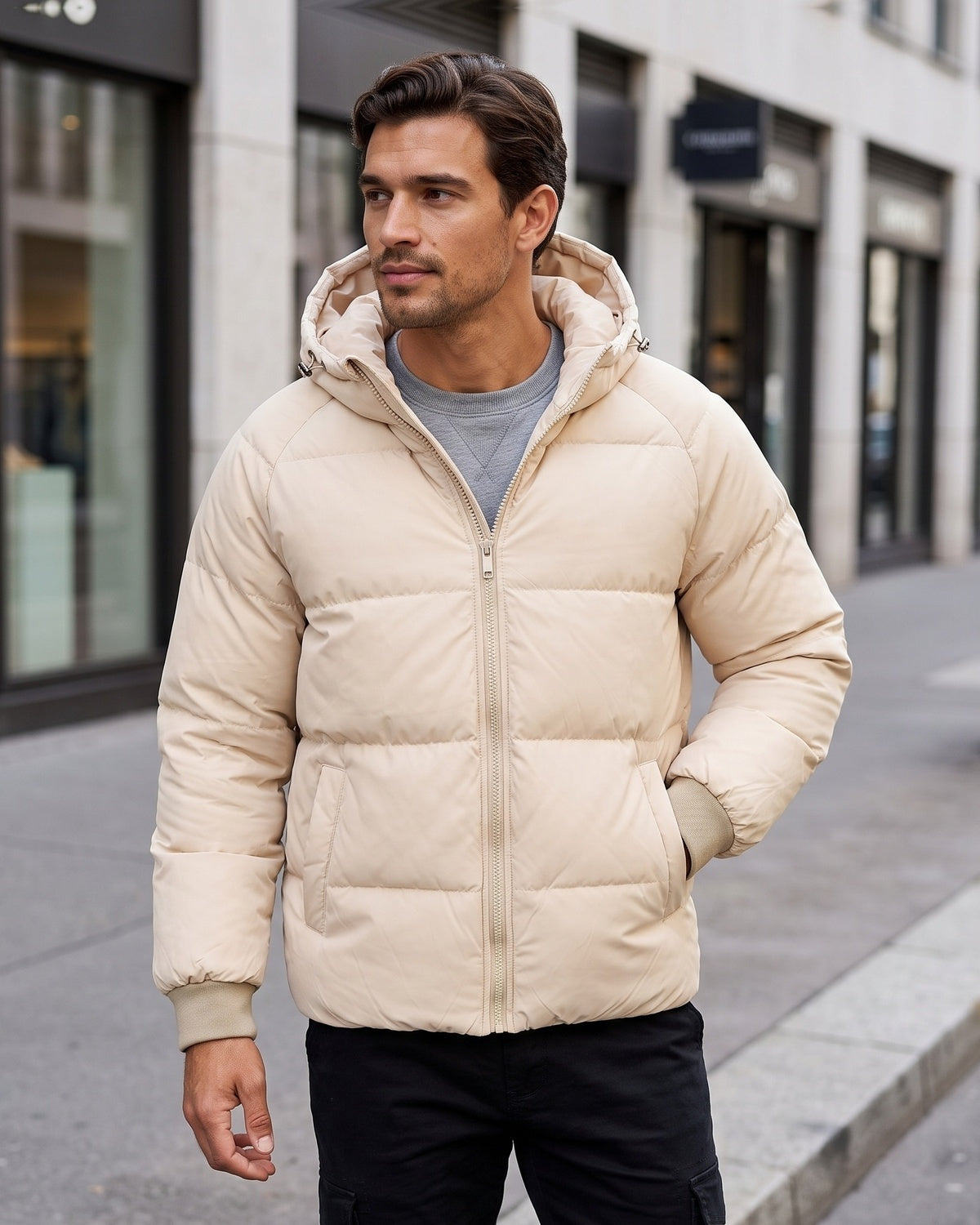 KZZ Men's Solid-Color Zip-Up Hooded Padded Jacket