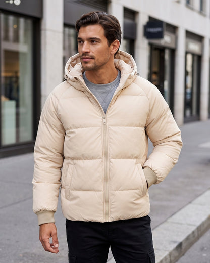 KZZ Men's Solid-Color Zip-Up Hooded Padded Jacket