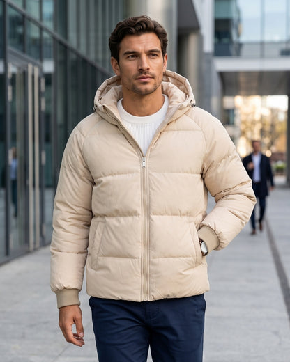 KZZ Men's Solid-Color Zip-Up Hooded Padded Jacket