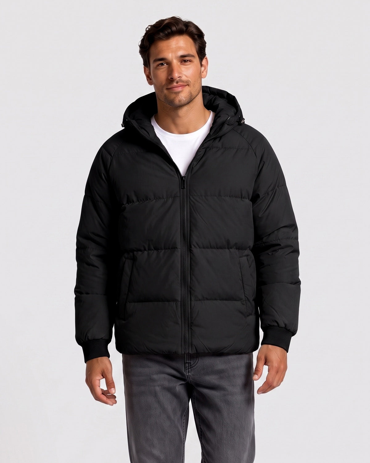 KZZ Men's Solid-Color Zip-Up Hooded Padded Jacket