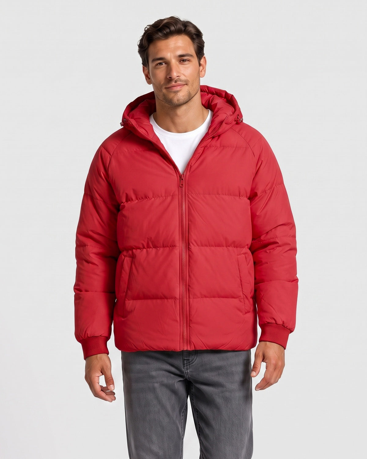 KZZ Men's Solid-Color Zip-Up Hooded Padded Jacket