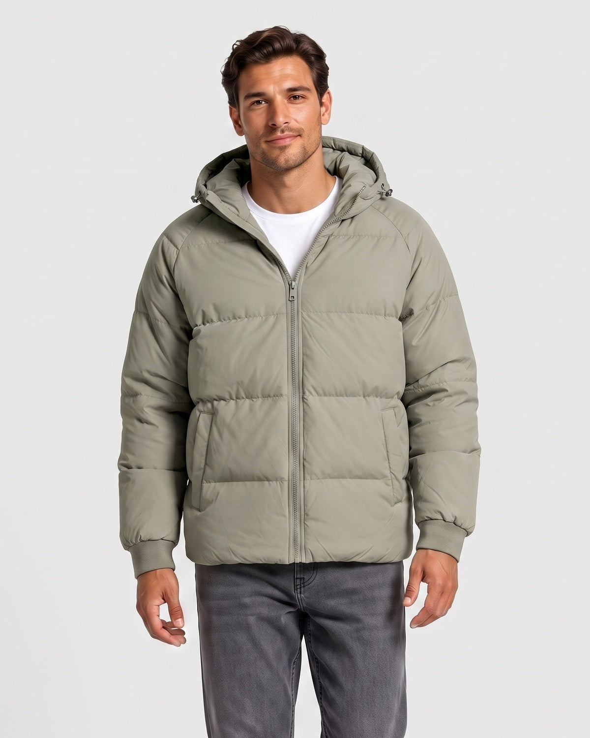 KZZ Men's Solid-Color Zip-Up Hooded Padded Jacket
