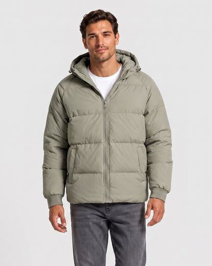 KZZ Men's Solid-Color Zip-Up Hooded Padded Jacket