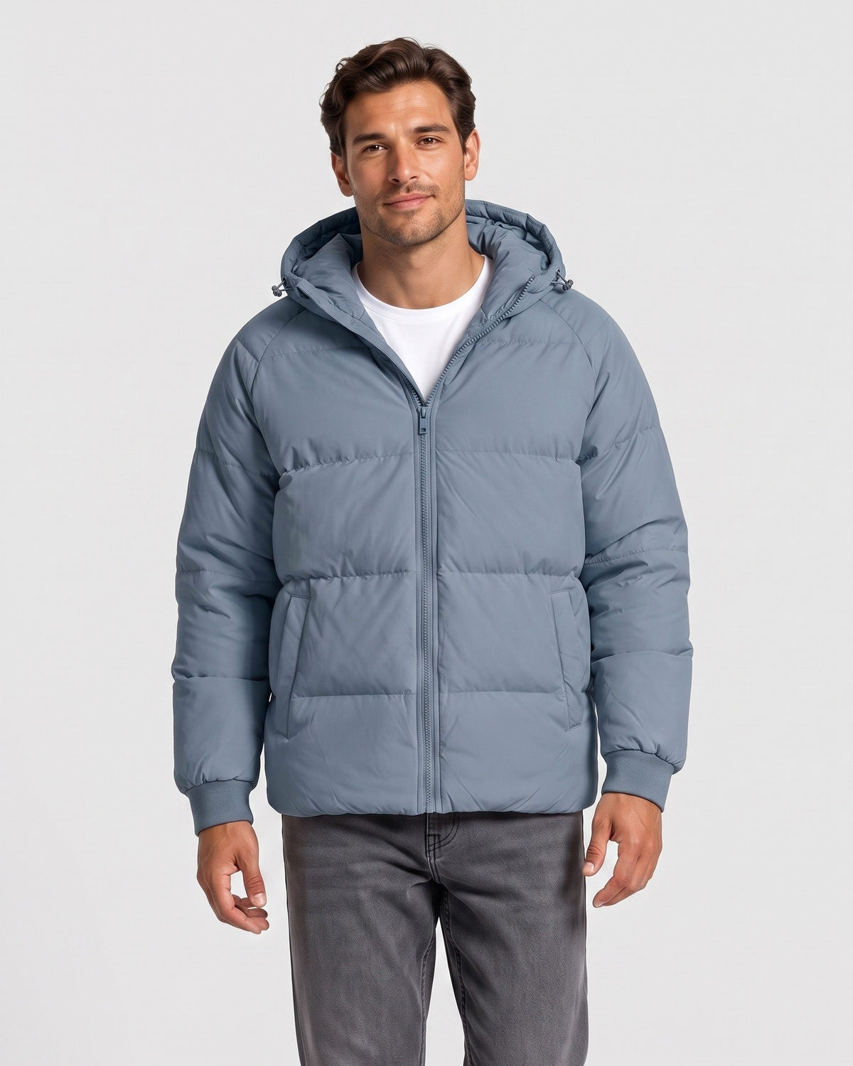 KZZ Men's Solid-Color Zip-Up Hooded Padded Jacket