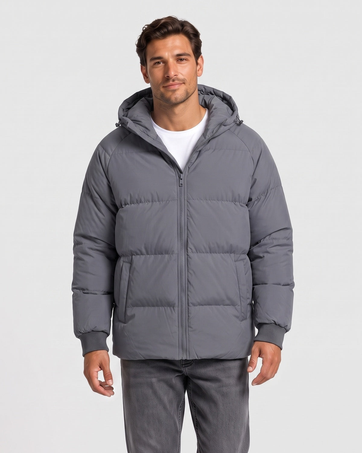 KZZ Men's Solid-Color Zip-Up Hooded Padded Jacket