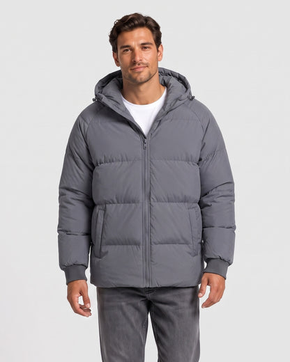 KZZ Men's Solid-Color Zip-Up Hooded Padded Jacket