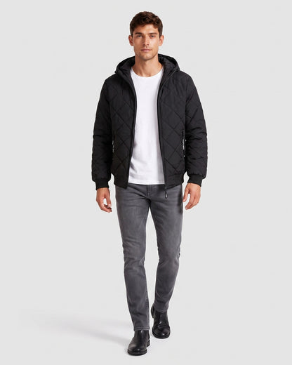 KZZ Men's Zip-Front Hooded Diamond-Quilted Jacket