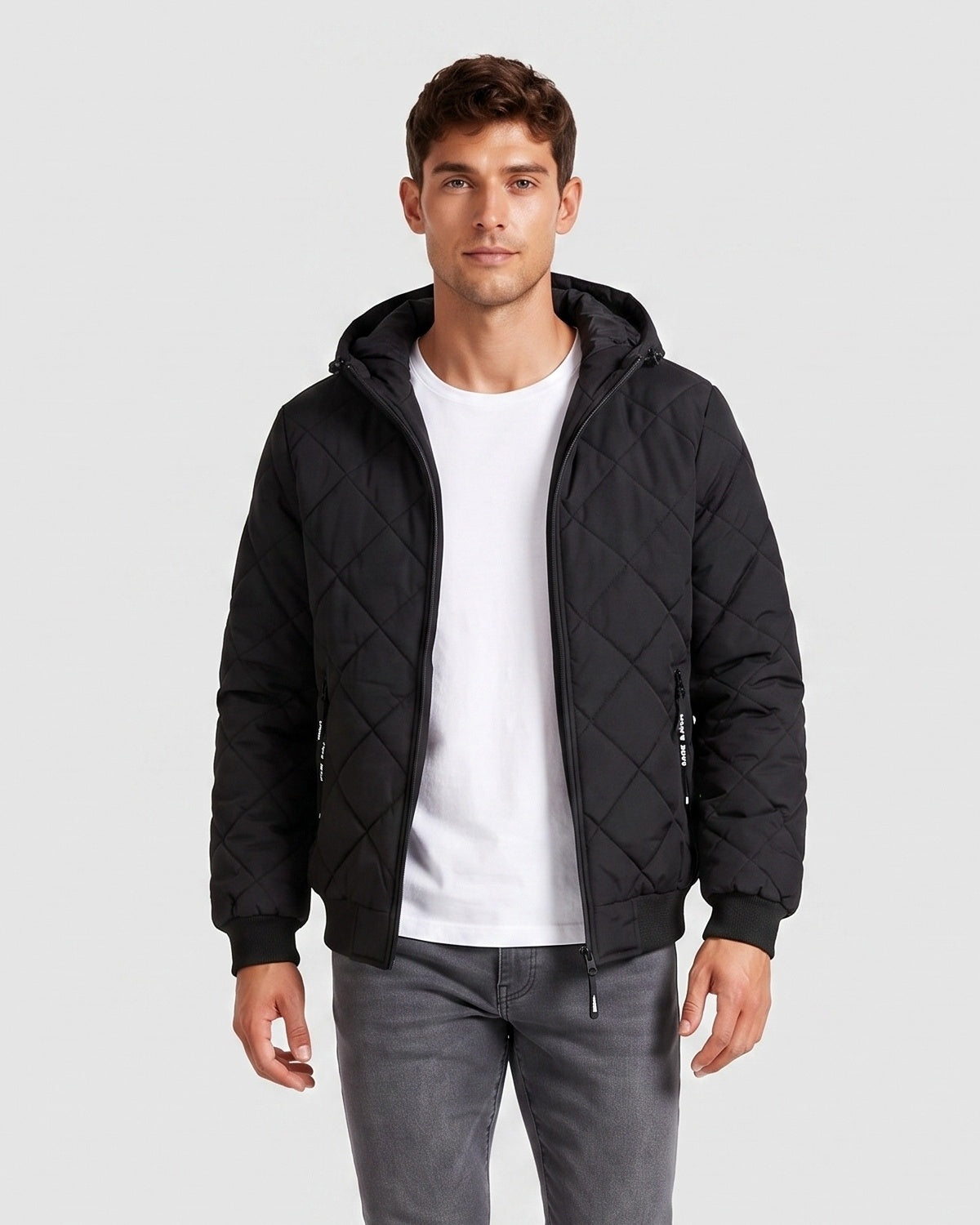 KZZ Men's Zip-Front Hooded Diamond-Quilted Jacket