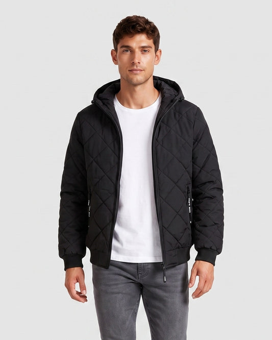 KZZ Men's Zip-Front Hooded Diamond-Quilted Jacket