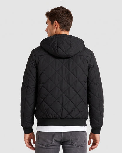 KZZ Men's Zip-Front Hooded Diamond-Quilted Jacket