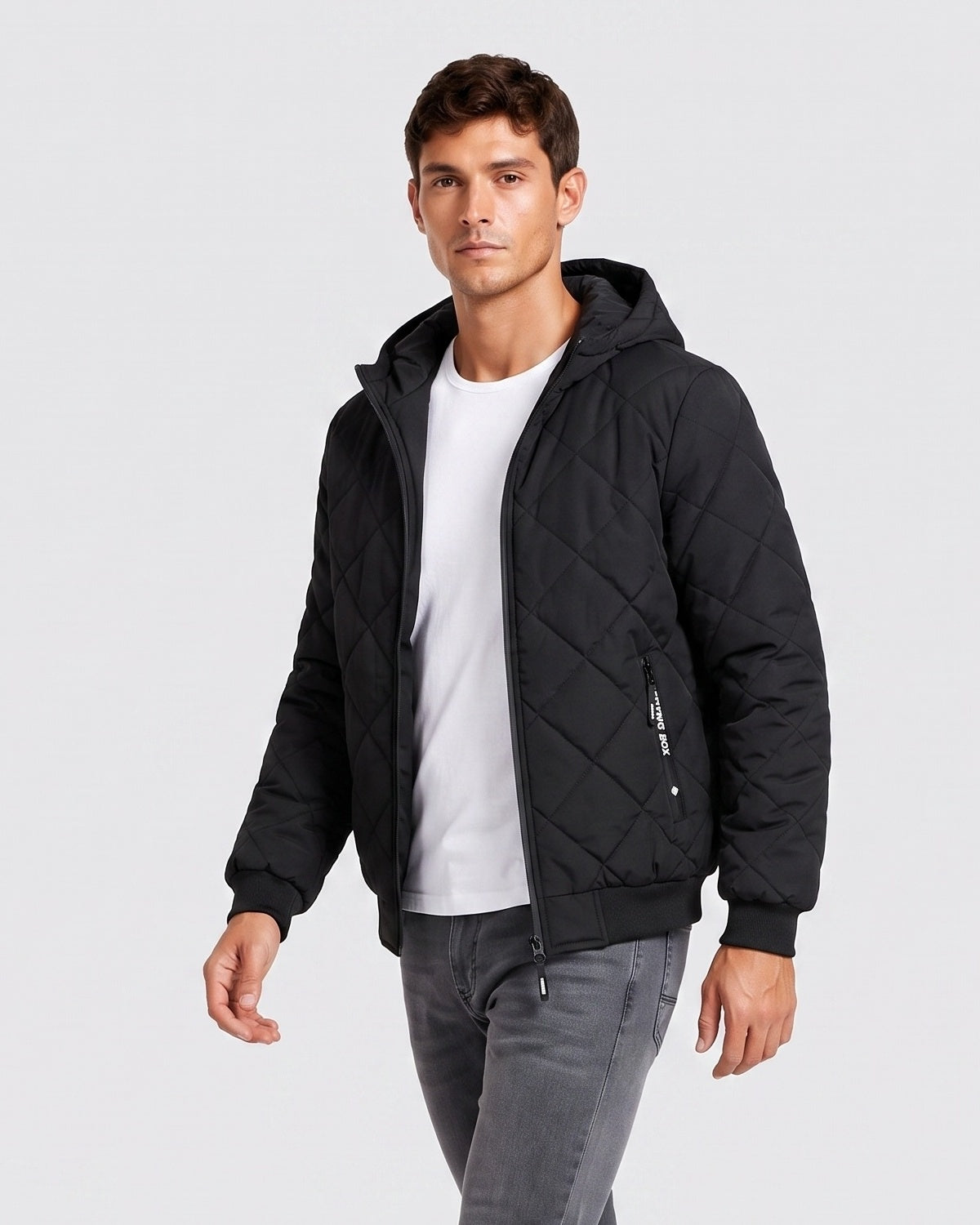 KZZ Men's Zip-Front Hooded Diamond-Quilted Jacket