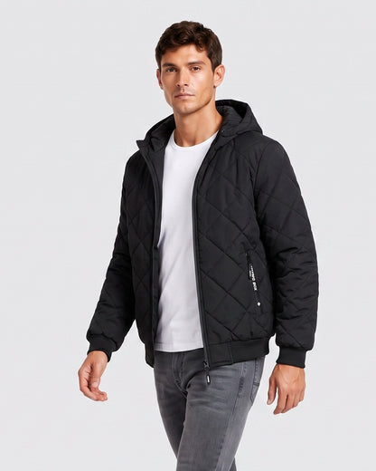 KZZ Men's Zip-Front Hooded Diamond-Quilted Jacket