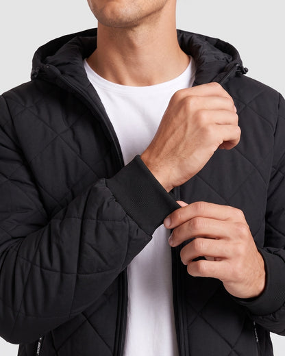 KZZ Men's Zip-Front Hooded Diamond-Quilted Jacket