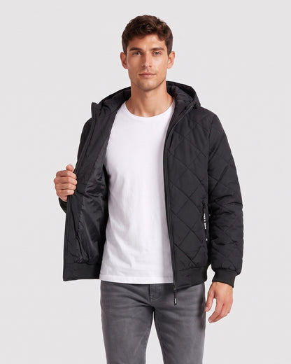 KZZ Men's Zip-Front Hooded Diamond-Quilted Jacket