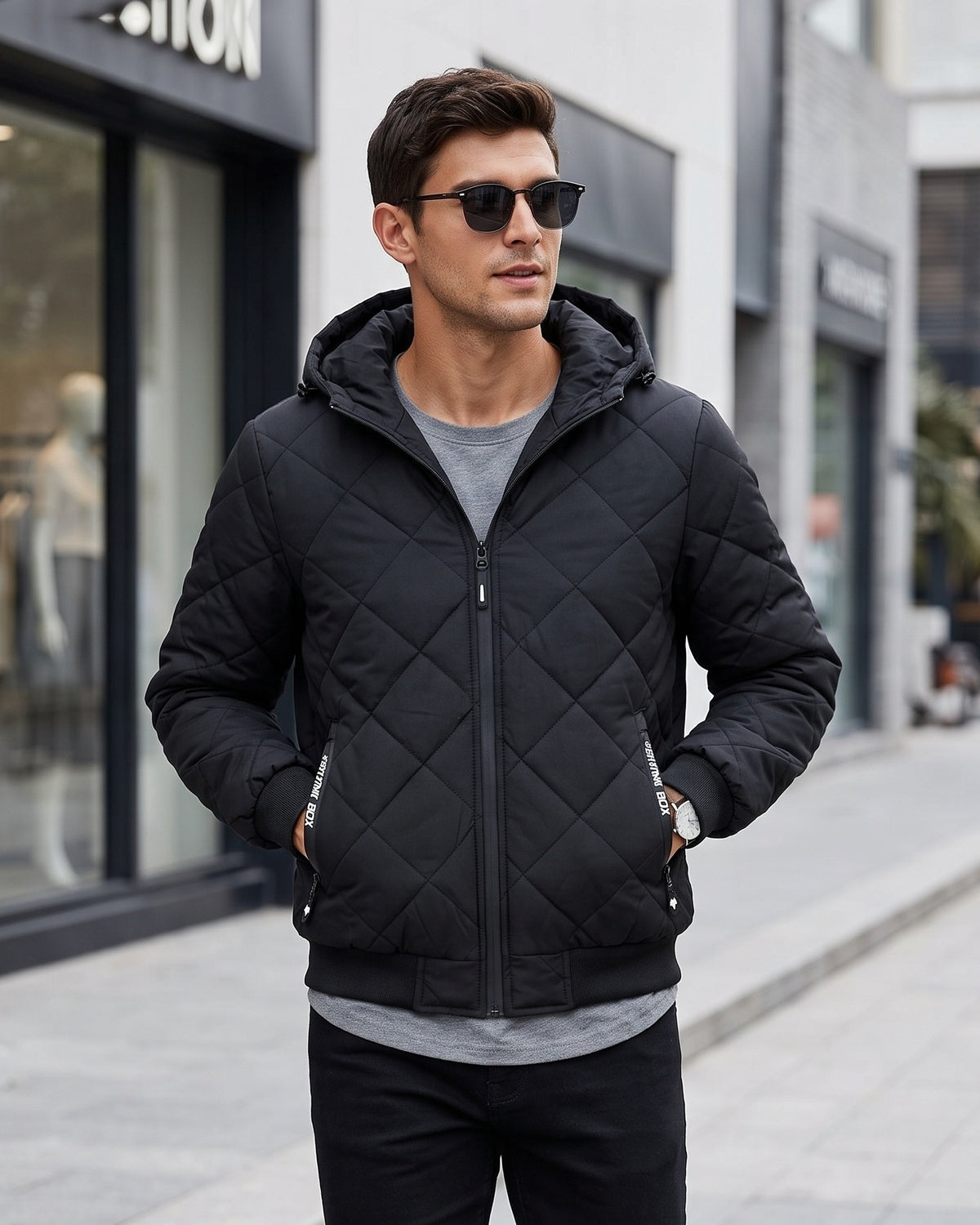 KZZ Men's Zip-Front Hooded Diamond-Quilted Jacket