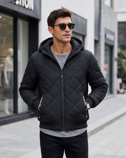 KZZ Men's Zip-Front Hooded Diamond-Quilted Jacket