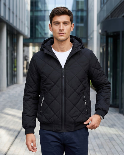 KZZ Men's Zip-Front Hooded Diamond-Quilted Jacket