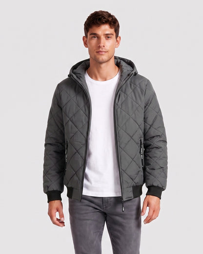 KZZ Men's Zip-Front Hooded Diamond-Quilted Jacket