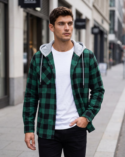 KZZ Men's Plaid Hooded Shirt Jacket