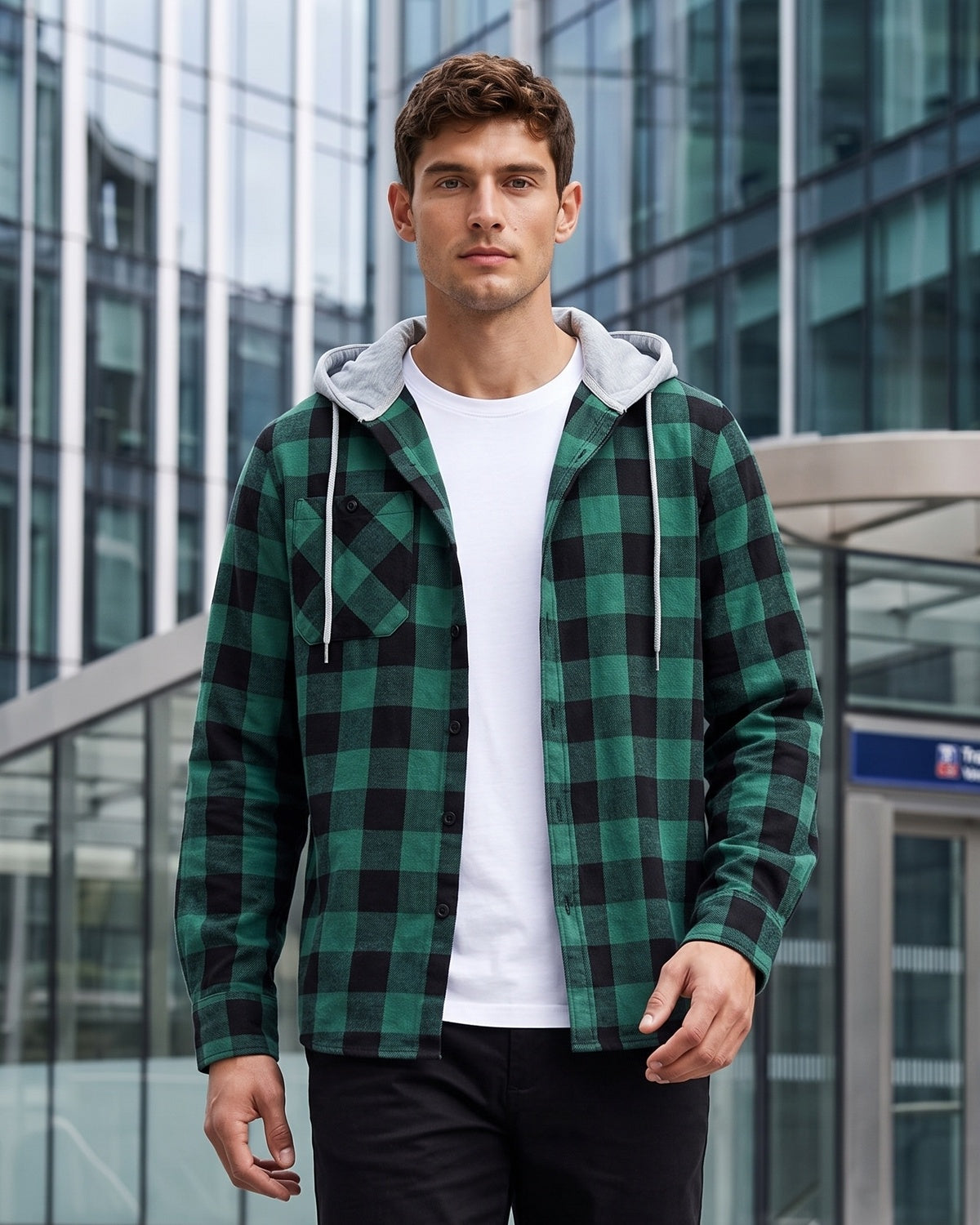 KZZ Men's Plaid Hooded Shirt Jacket