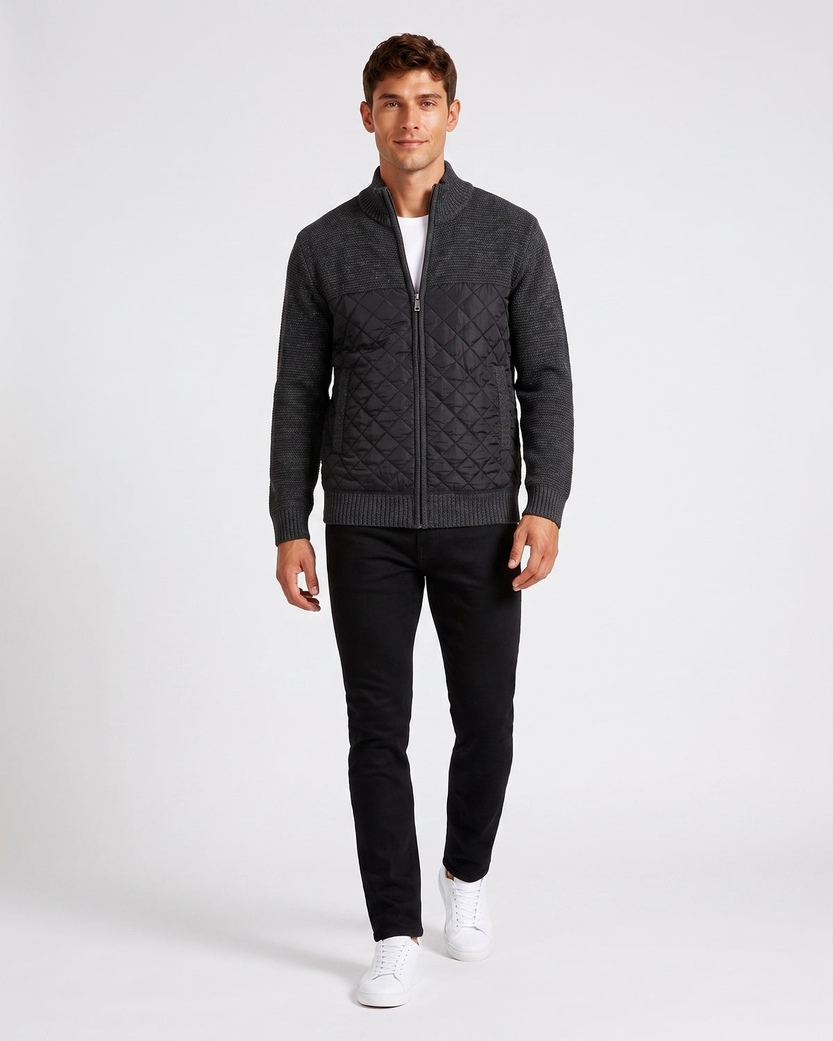 KZZ Men's Solid-Color Stand-Collar Knit Cardigan