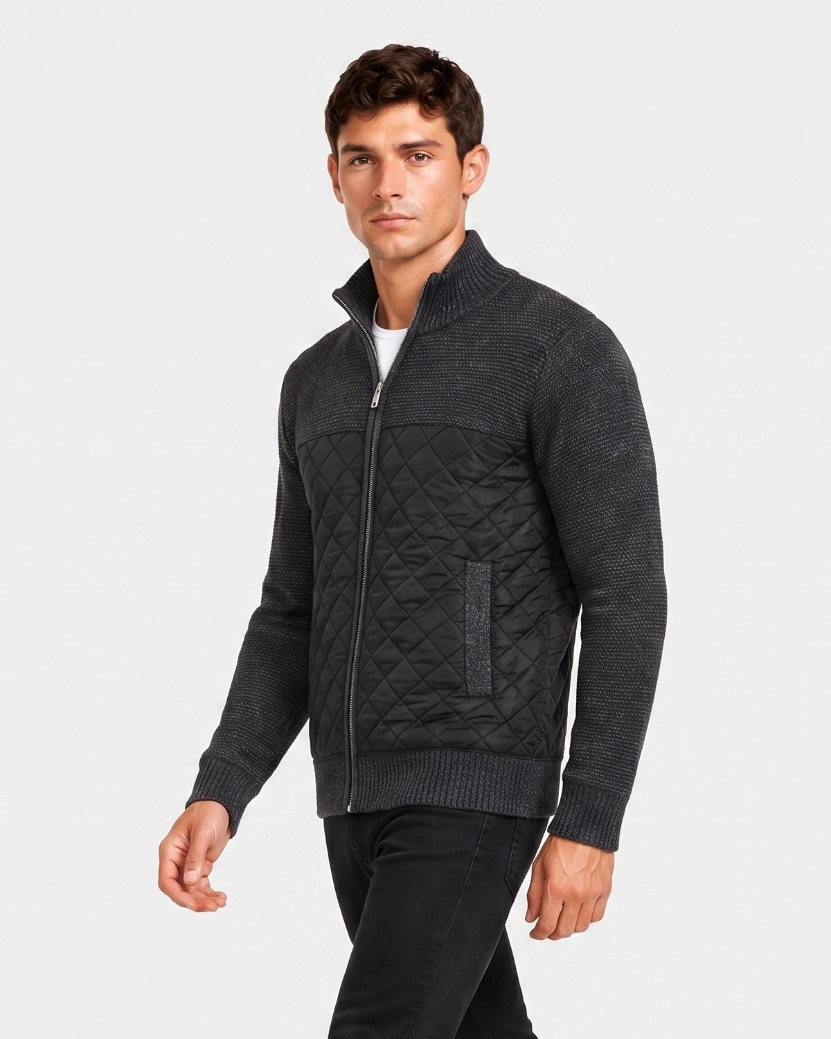 KZZ Men's Solid-Color Stand-Collar Knit Cardigan