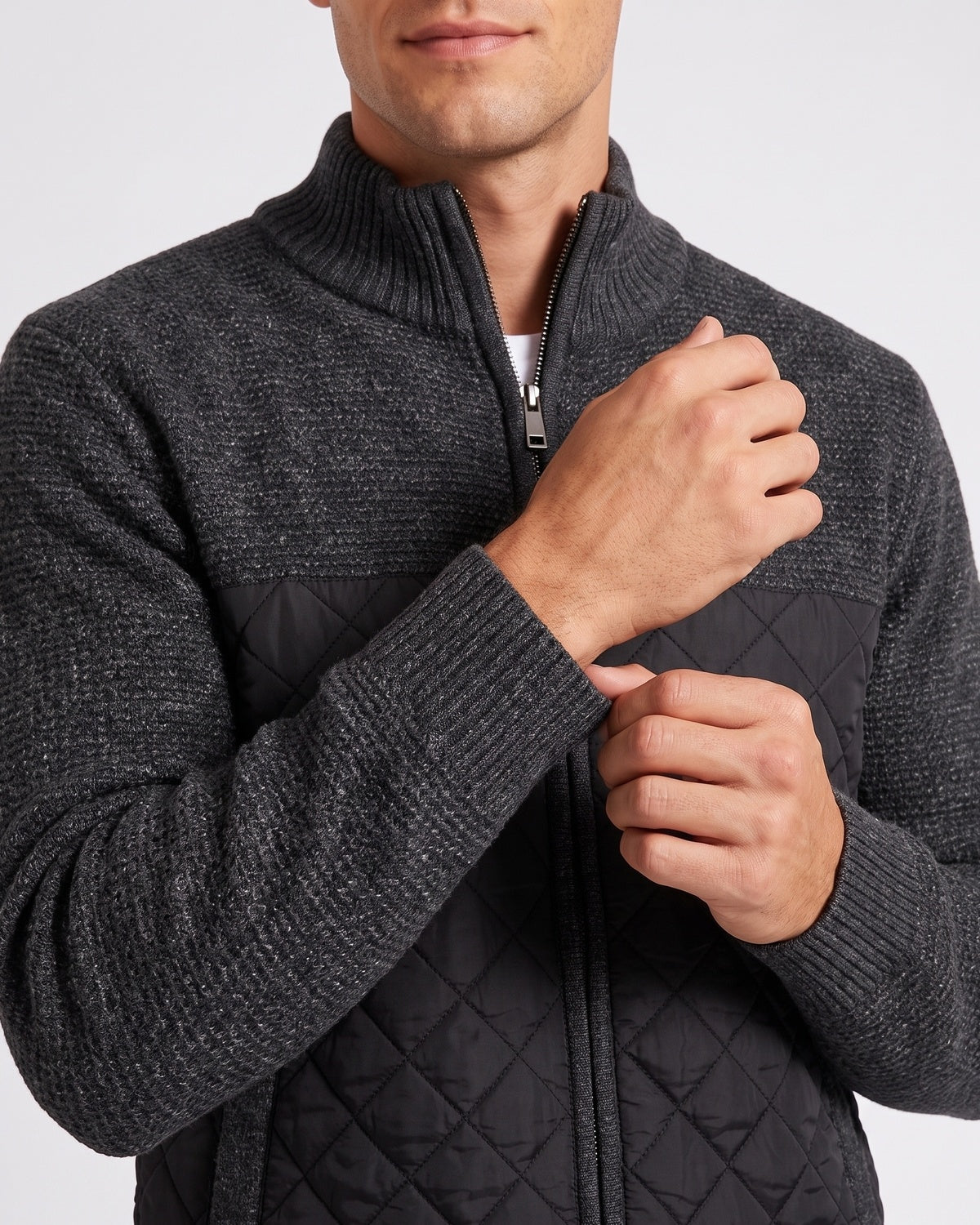 KZZ Men's Solid-Color Stand-Collar Knit Cardigan