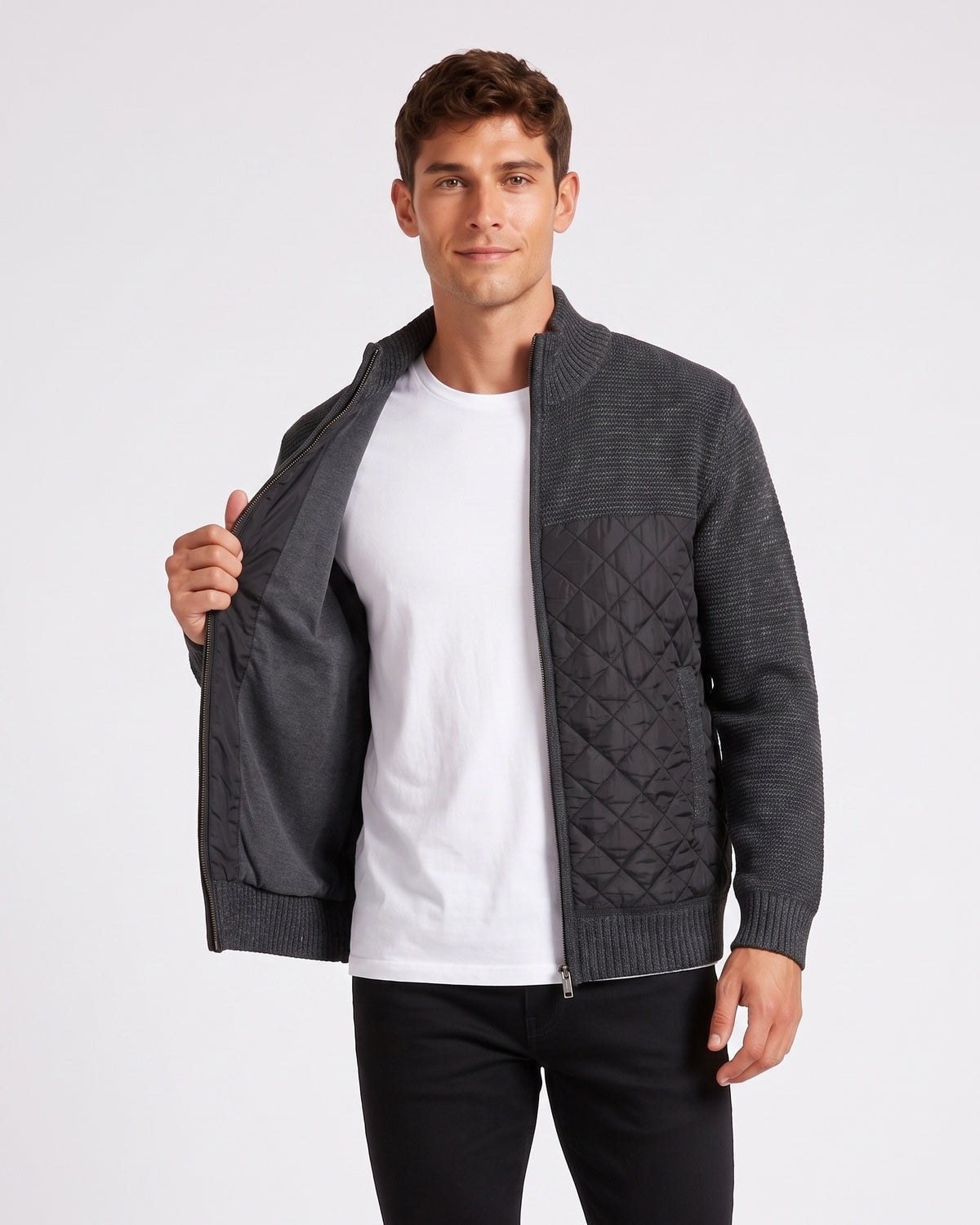 KZZ Men's Solid-Color Stand-Collar Knit Cardigan