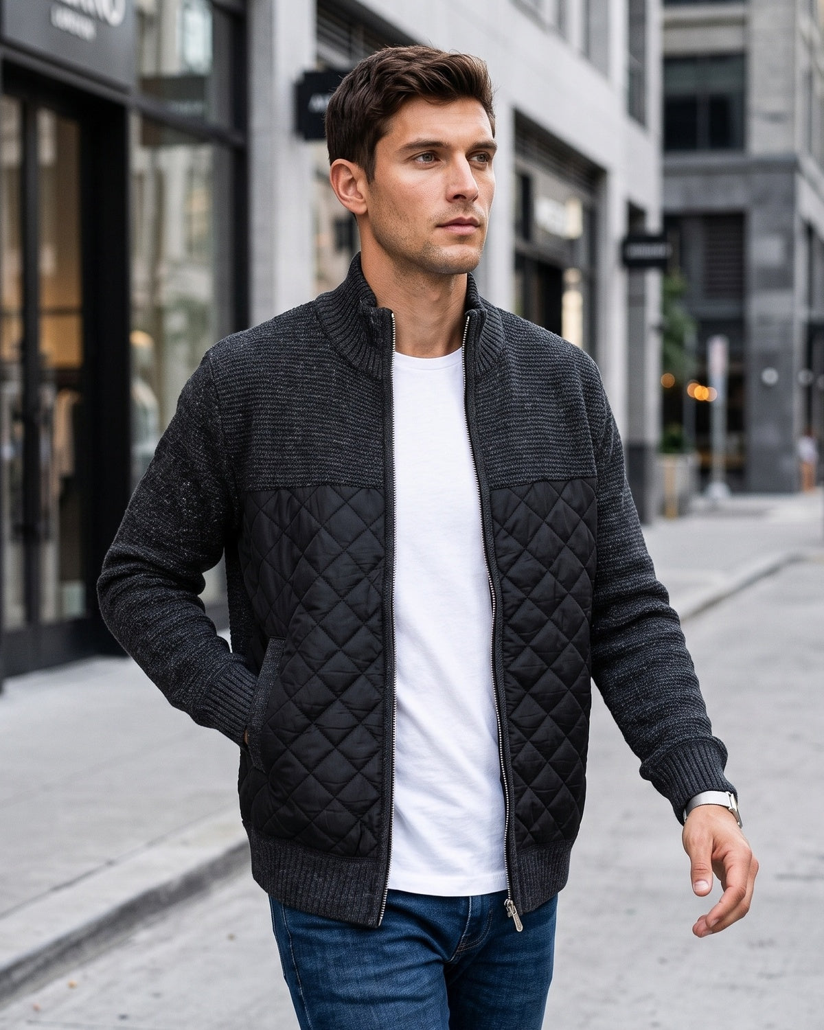 KZZ Men's Solid-Color Stand-Collar Knit Cardigan