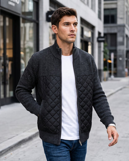 KZZ Men's Solid-Color Stand-Collar Knit Cardigan