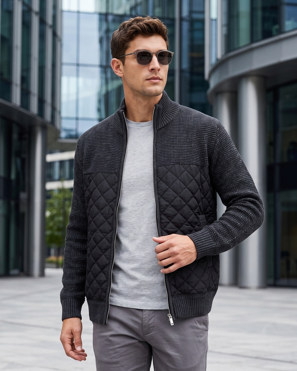 KZZ Men's Solid-Color Stand-Collar Knit Cardigan