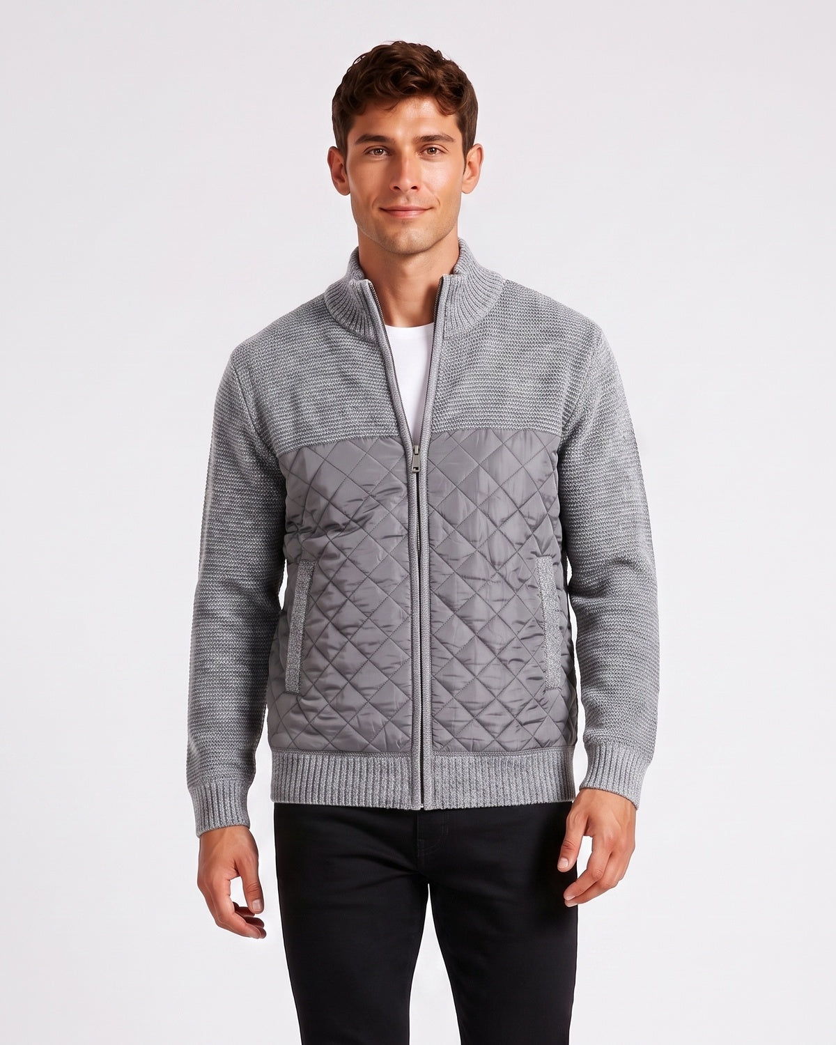 KZZ Men's Solid-Color Stand-Collar Knit Cardigan