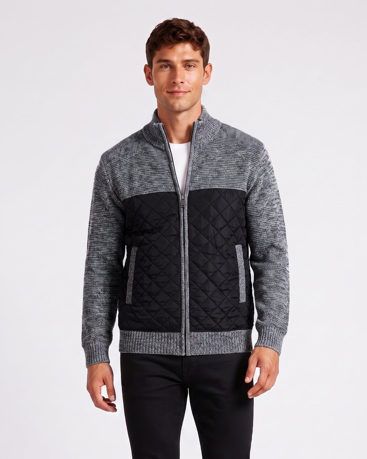 KZZ Men's Solid-Color Stand-Collar Knit Cardigan