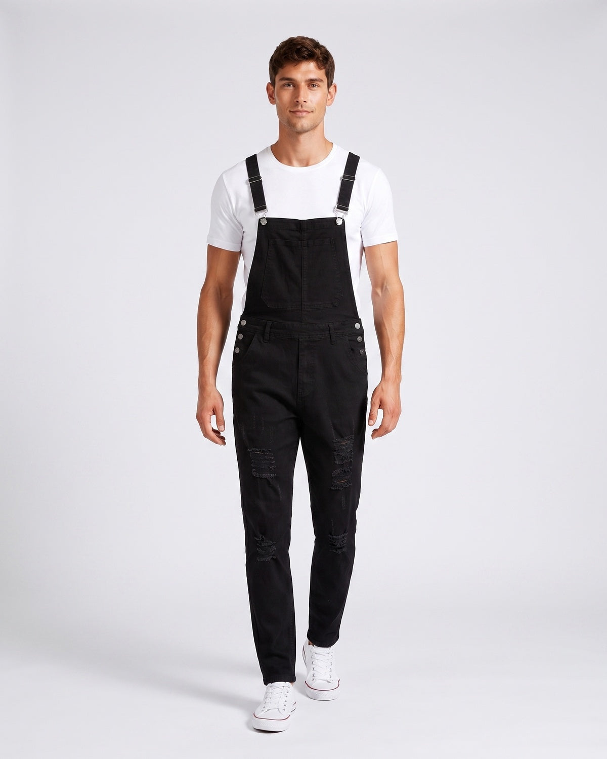 KZZ Men's Solid-Color Distressed Denim Overalls with Pockets