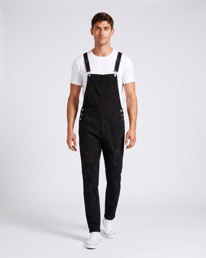 KZZ Men's Solid-Color Distressed Denim Overalls with Pockets