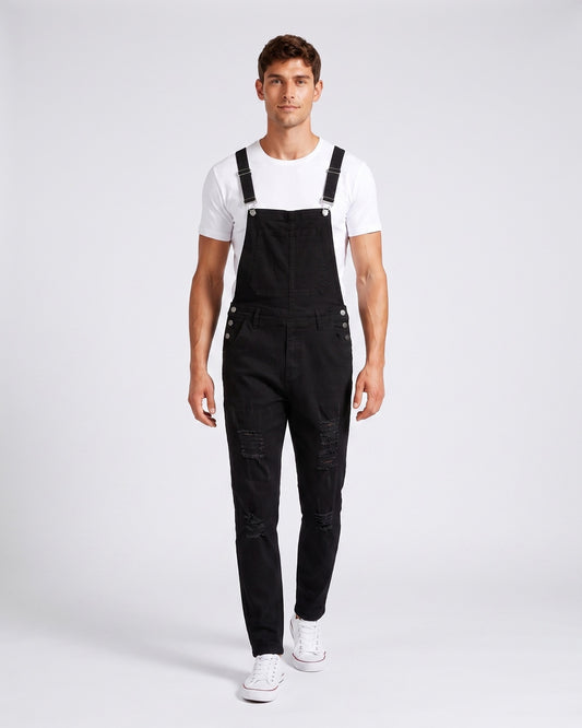 KZZ Men's Solid-Color Distressed Denim Overalls with Pockets