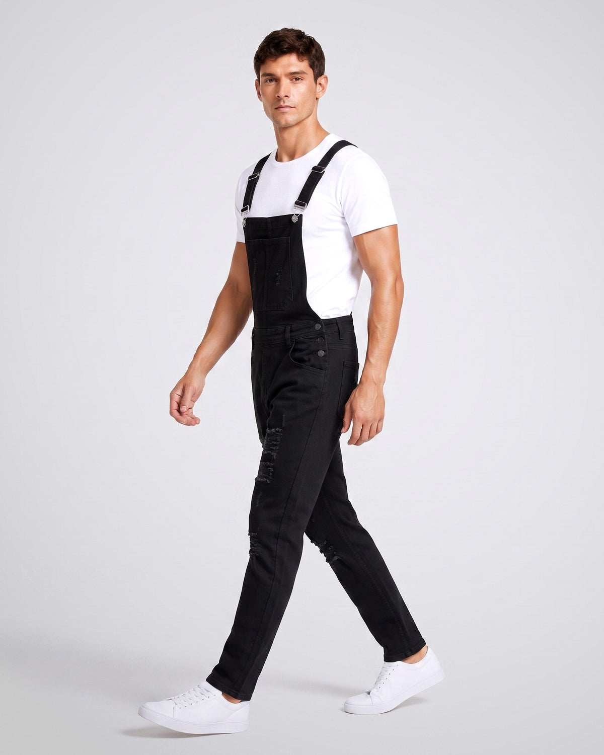KZZ Men's Solid-Color Distressed Denim Overalls with Pockets