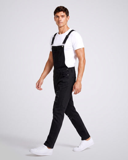 KZZ Men's Solid-Color Distressed Denim Overalls with Pockets